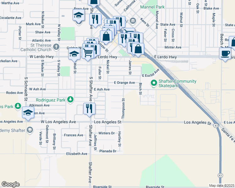 map of restaurants, bars, coffee shops, grocery stores, and more near 293 East Ash Avenue in Shafter