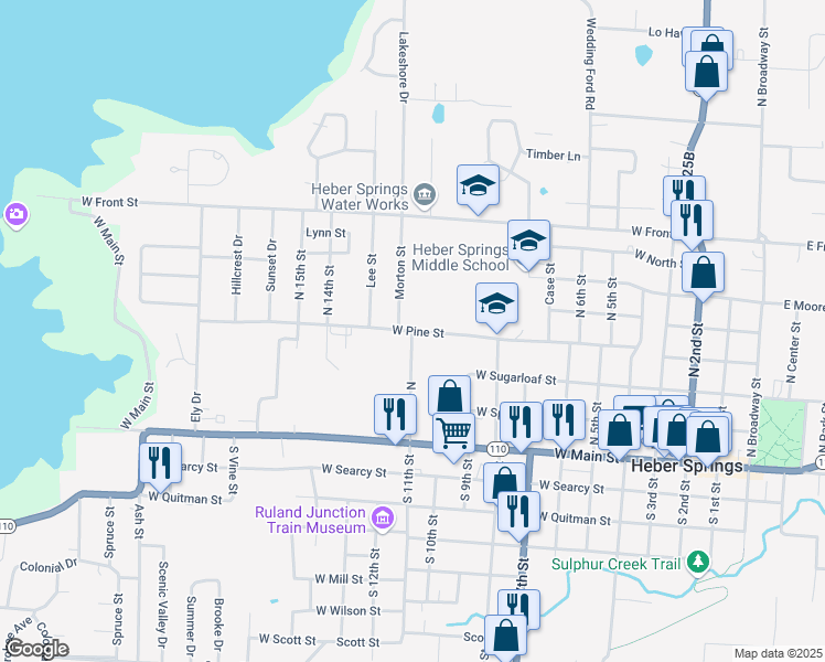 map of restaurants, bars, coffee shops, grocery stores, and more near 1100 West Pine Street in Heber Springs