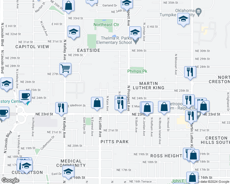 map of restaurants, bars, coffee shops, grocery stores, and more near 1419 Northeast 25th Street in Oklahoma City