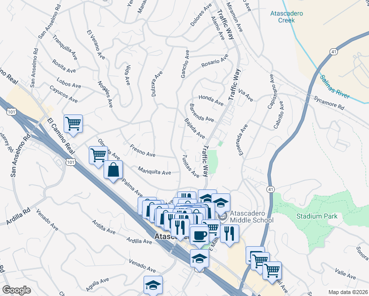 map of restaurants, bars, coffee shops, grocery stores, and more near 5540 Tunitas Avenue in Atascadero