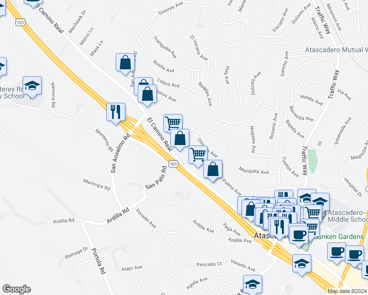 map of restaurants, bars, coffee shops, grocery stores, and more near 5005 Palma Avenue in Atascadero