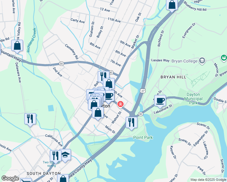 map of restaurants, bars, coffee shops, grocery stores, and more near 1598 Market Street in Dayton