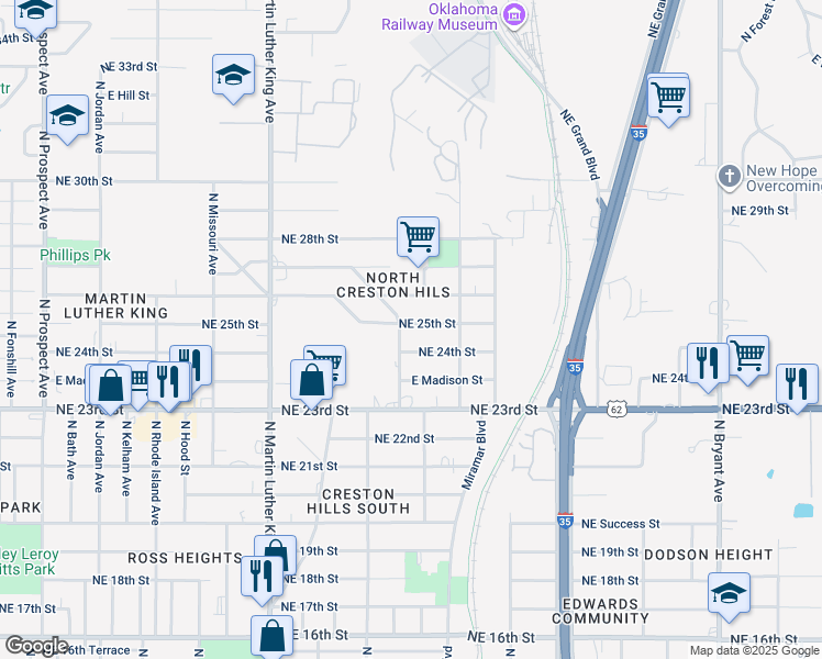 map of restaurants, bars, coffee shops, grocery stores, and more near 2205 Northeast 25th Street in Oklahoma City