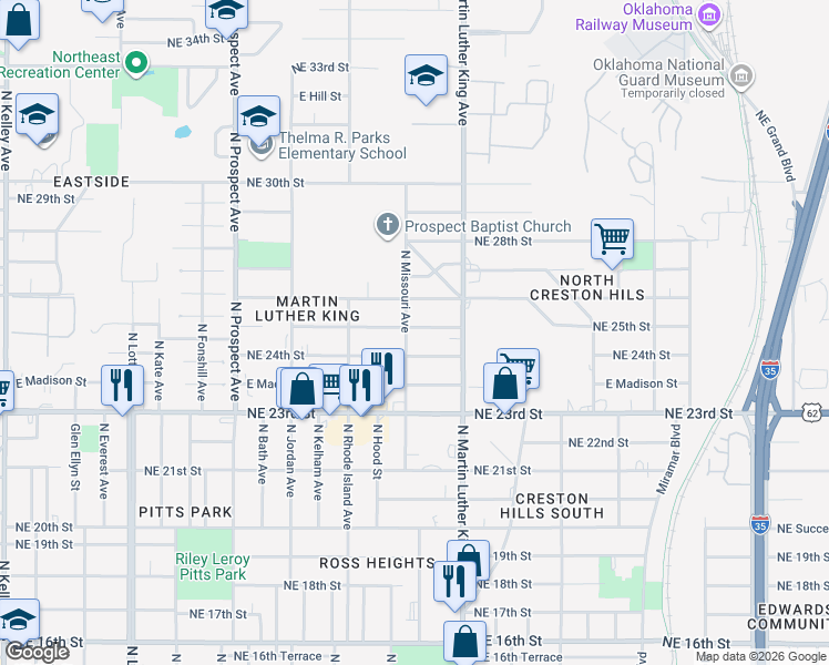 map of restaurants, bars, coffee shops, grocery stores, and more near 1845 Northeast 25th Street in Oklahoma City