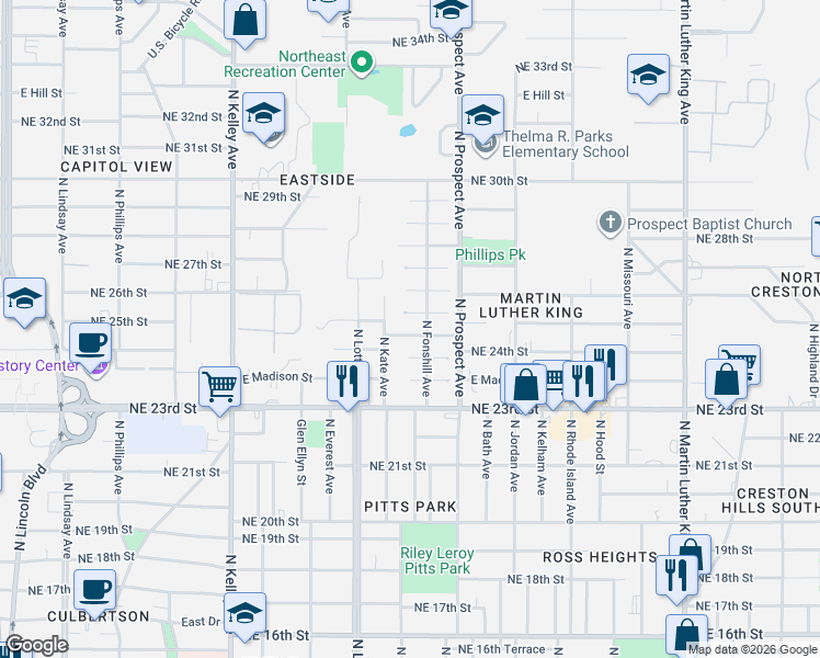 map of restaurants, bars, coffee shops, grocery stores, and more near 1400 Monticello Court in Oklahoma City