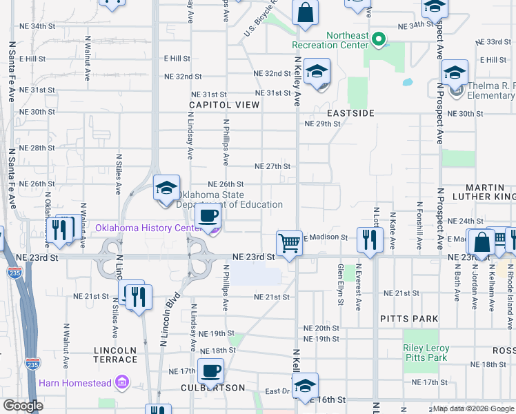 map of restaurants, bars, coffee shops, grocery stores, and more near 835 Northeast 25th Street in Oklahoma City