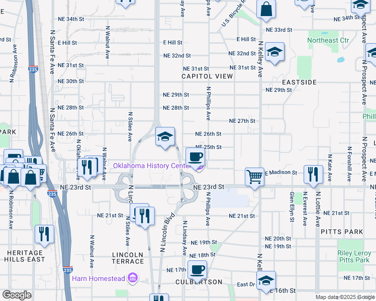 map of restaurants, bars, coffee shops, grocery stores, and more near 721 Northeast 25th Street in Oklahoma City