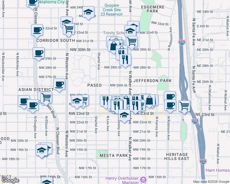 map of restaurants, bars, coffee shops, grocery stores, and more near 2608 North Dewey Avenue in Oklahoma City