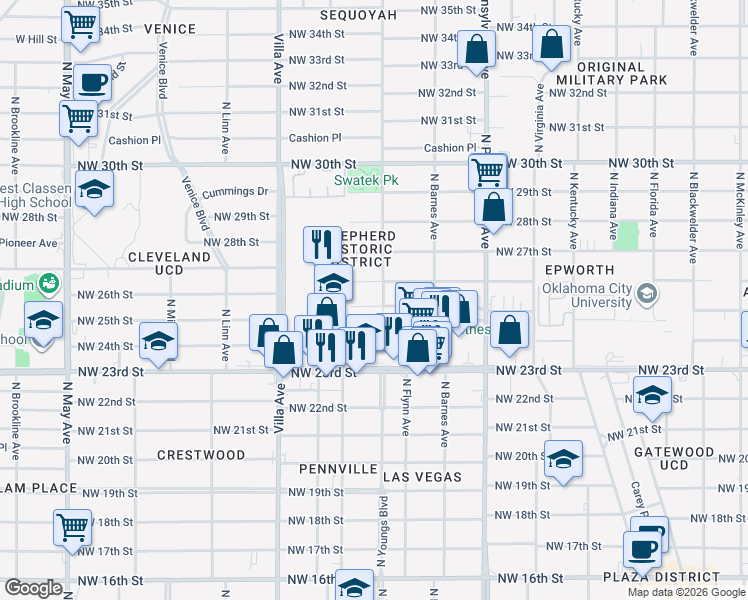 map of restaurants, bars, coffee shops, grocery stores, and more near 2304 Northwest 26th Street in Oklahoma City