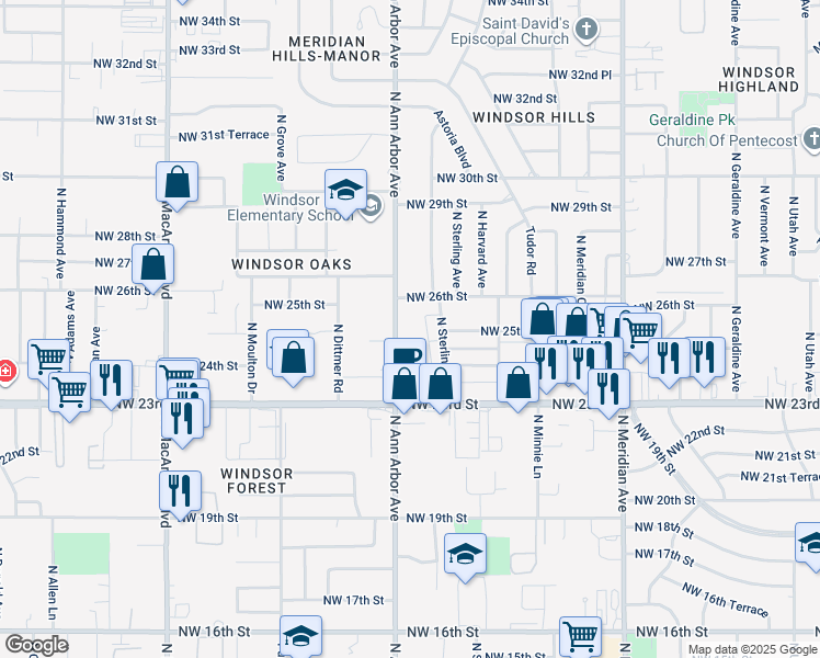 map of restaurants, bars, coffee shops, grocery stores, and more near 2620 North Ann Arbor Avenue in Oklahoma City