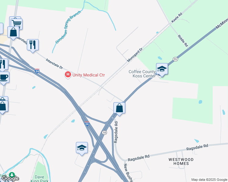 map of restaurants, bars, coffee shops, grocery stores, and more near 108 Interstate Drive in Manchester