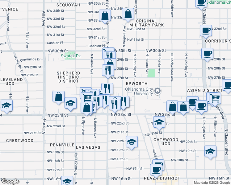 map of restaurants, bars, coffee shops, grocery stores, and more near 2021 Northwest 25th Street in Oklahoma City