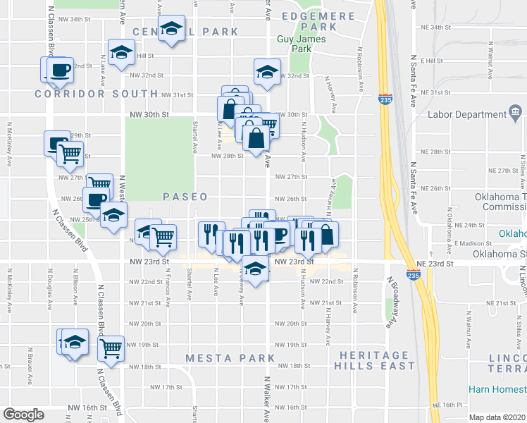 map of restaurants, bars, coffee shops, grocery stores, and more near 2605 North Walker Avenue in Oklahoma City