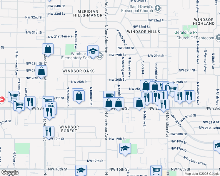 map of restaurants, bars, coffee shops, grocery stores, and more near 2604 North Ann Arbor Avenue in Oklahoma City
