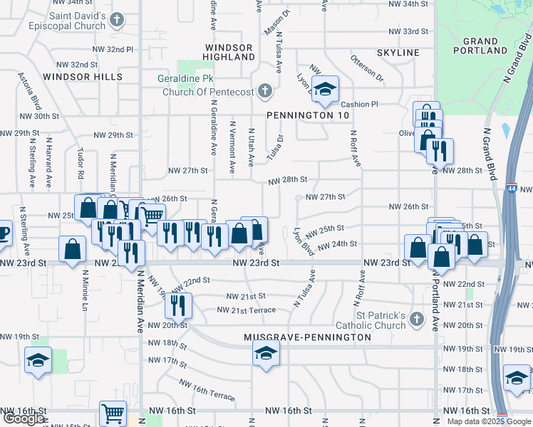 map of restaurants, bars, coffee shops, grocery stores, and more near 2801 North Ann Drive in Oklahoma City