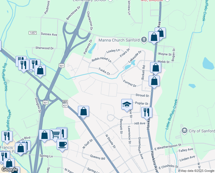 map of restaurants, bars, coffee shops, grocery stores, and more near 804 Scarlet Lane in Sanford