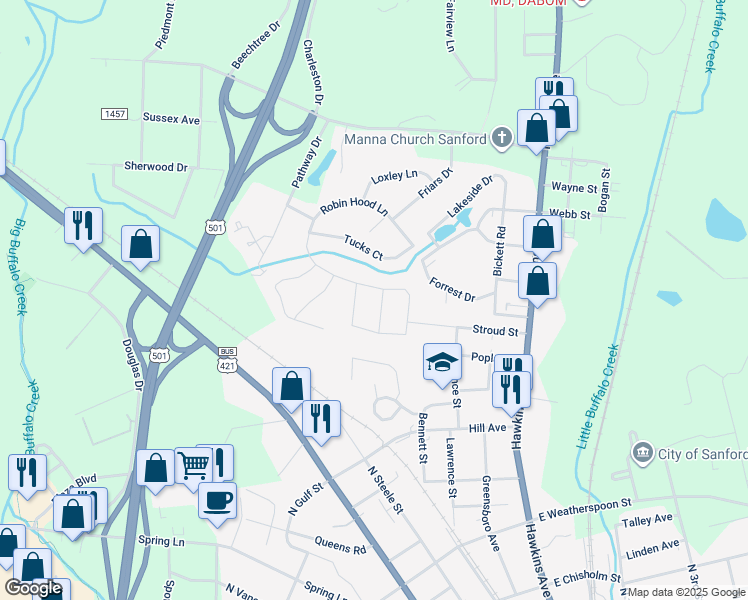 map of restaurants, bars, coffee shops, grocery stores, and more near 804 Scarlet Lane in Sanford