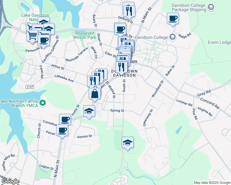 map of restaurants, bars, coffee shops, grocery stores, and more near 241 Walnut Street in Davidson