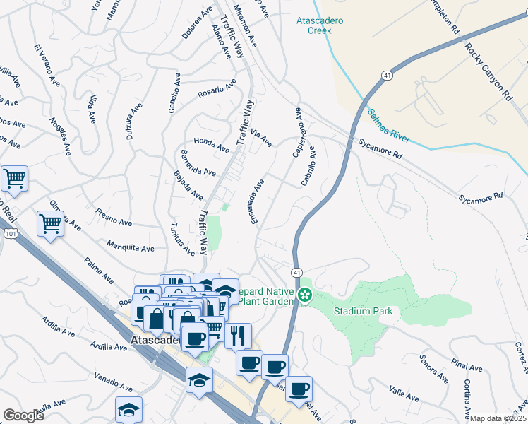 map of restaurants, bars, coffee shops, grocery stores, and more near 5440 Capistrano Avenue in Atascadero
