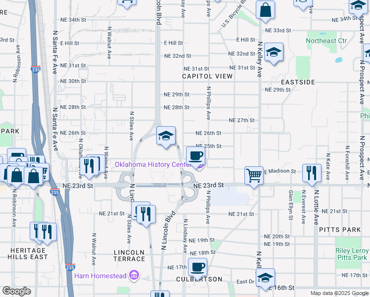 map of restaurants, bars, coffee shops, grocery stores, and more near 702 Northeast 25th Street in Oklahoma City