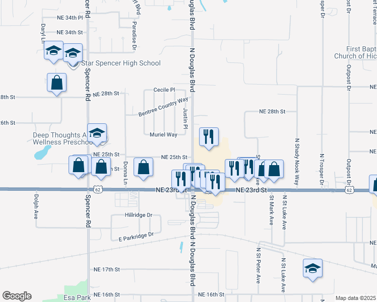map of restaurants, bars, coffee shops, grocery stores, and more near 2635 North Douglas Boulevard in Spencer