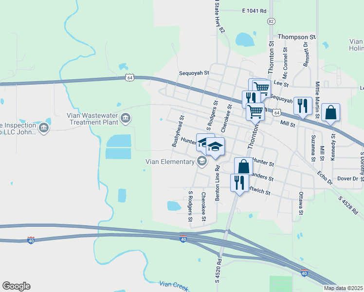 map of restaurants, bars, coffee shops, grocery stores, and more near 502 Bushyhead in Vian