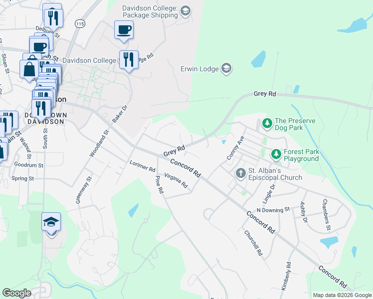 map of restaurants, bars, coffee shops, grocery stores, and more near 204 Grey Road in Davidson