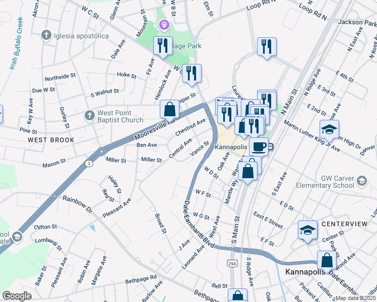 map of restaurants, bars, coffee shops, grocery stores, and more near Bellwood Place in Kannapolis