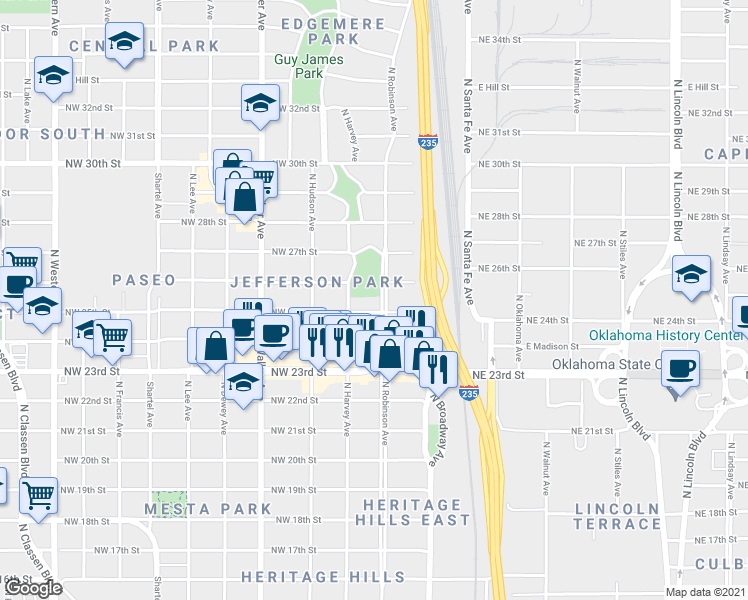 map of restaurants, bars, coffee shops, grocery stores, and more near 2609 N Robinson Ave in Oklahoma City