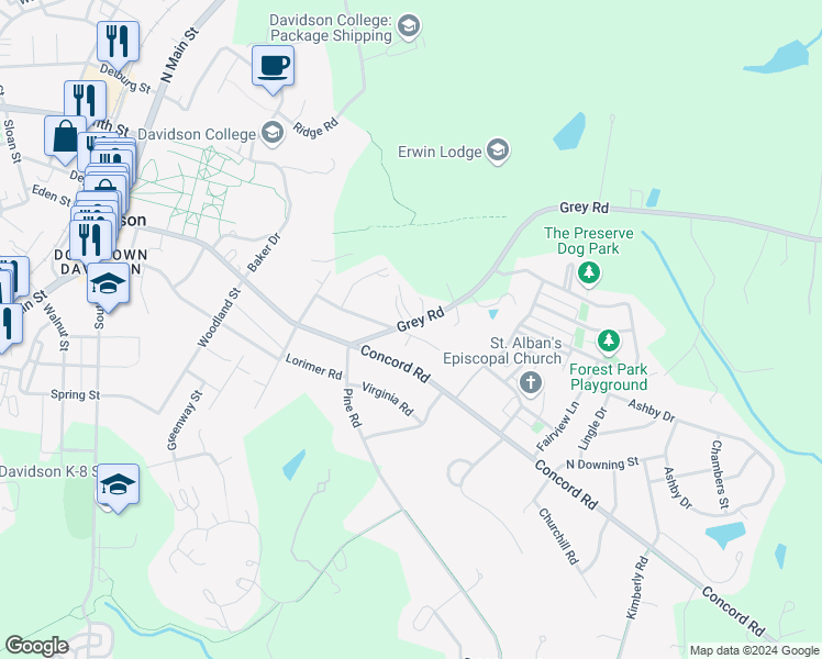 map of restaurants, bars, coffee shops, grocery stores, and more near 204 Grey Road in Davidson