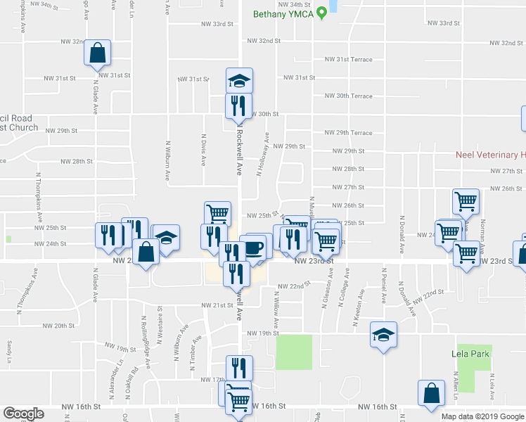 map of restaurants, bars, coffee shops, grocery stores, and more near 6913 Northwest 25th Street in Bethany