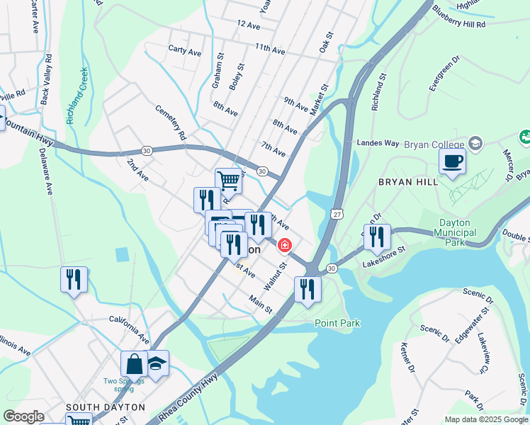map of restaurants, bars, coffee shops, grocery stores, and more near 1574 Tennessee State Route 378 in Dayton