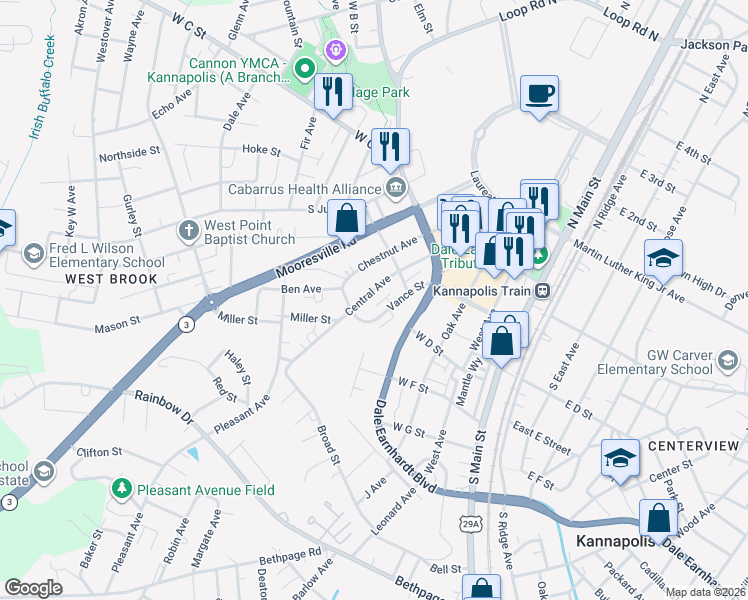 map of restaurants, bars, coffee shops, grocery stores, and more near 328 Central Avenue in Kannapolis