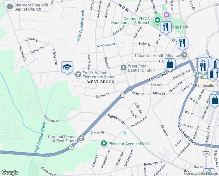 map of restaurants, bars, coffee shops, grocery stores, and more near 1201 Birch Street in Kannapolis