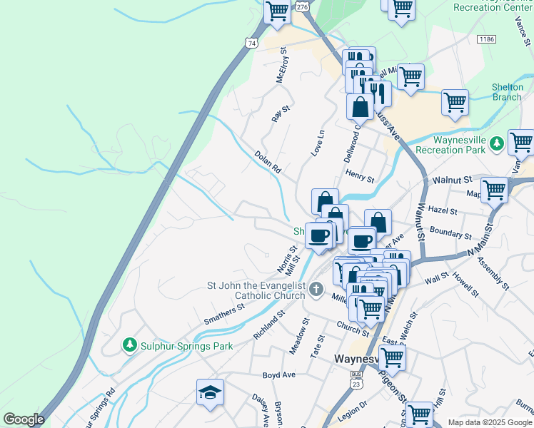 map of restaurants, bars, coffee shops, grocery stores, and more near 45 Cherokee Street in Waynesville