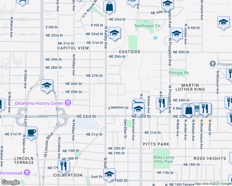 map of restaurants, bars, coffee shops, grocery stores, and more near 2502 North Kelley Avenue in Oklahoma City