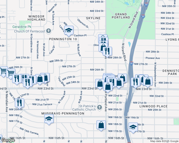 map of restaurants, bars, coffee shops, grocery stores, and more near 3828 Northwest 26th Street in Oklahoma City