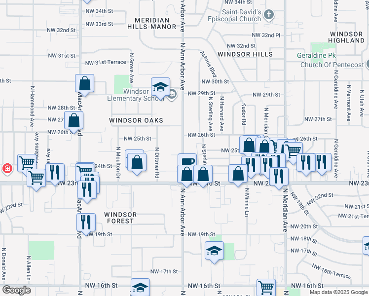 map of restaurants, bars, coffee shops, grocery stores, and more near 2620 North Ann Arbor Avenue in Oklahoma City