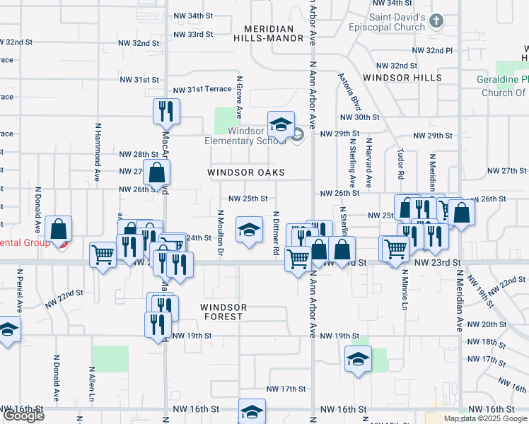 map of restaurants, bars, coffee shops, grocery stores, and more near 2509 North Ditmer Road in Oklahoma City