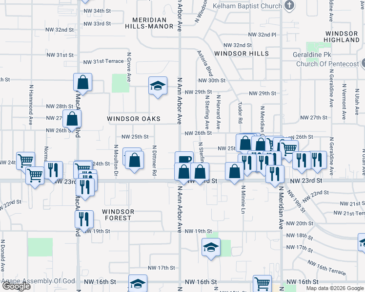 map of restaurants, bars, coffee shops, grocery stores, and more near 2620 North Ann Arbor Avenue in Oklahoma City