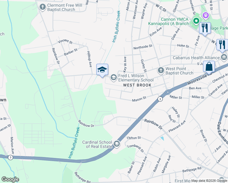 map of restaurants, bars, coffee shops, grocery stores, and more near 1407 Birch Street in Kannapolis