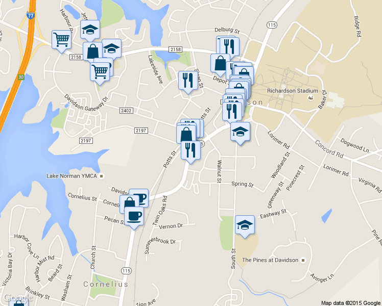 map of restaurants, bars, coffee shops, grocery stores, and more near 422 South Main Street in Davidson