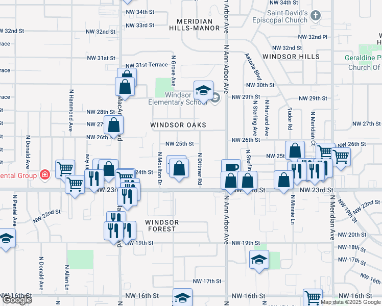 map of restaurants, bars, coffee shops, grocery stores, and more near 2509 North Ditmer Road in Oklahoma City