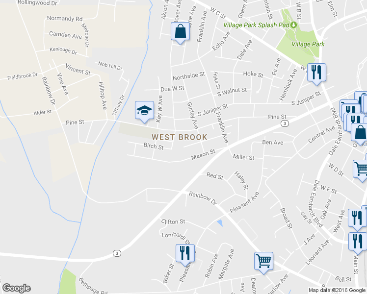 map of restaurants, bars, coffee shops, grocery stores, and more near Birch Street in Kannapolis