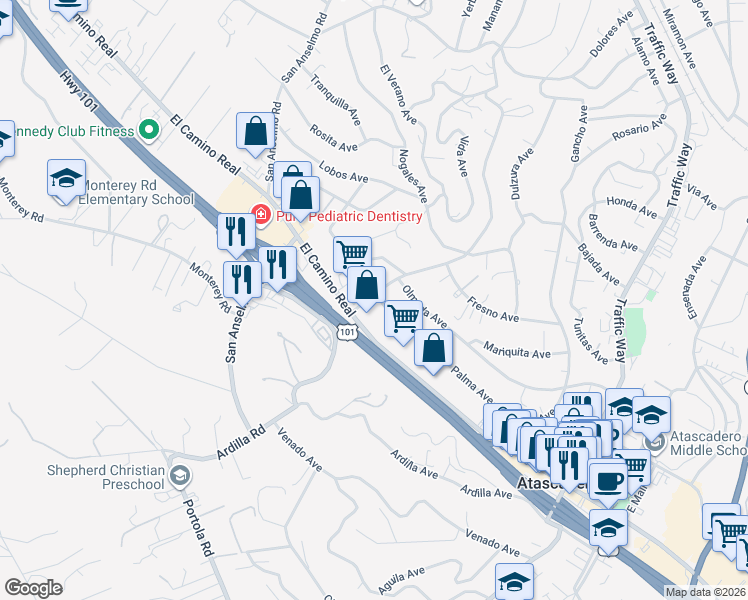 map of restaurants, bars, coffee shops, grocery stores, and more near 5005 Palma Avenue in Atascadero