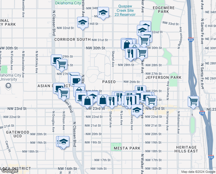 map of restaurants, bars, coffee shops, grocery stores, and more near in Oklahoma City