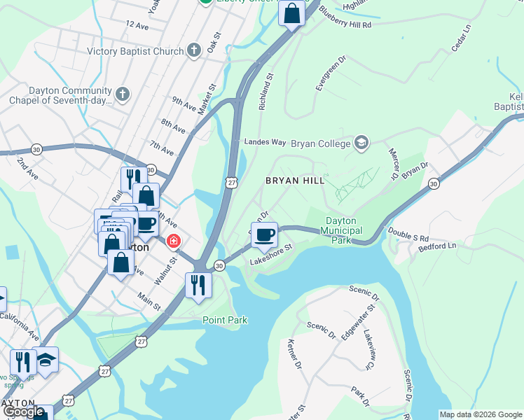 map of restaurants, bars, coffee shops, grocery stores, and more near 232 College Street in Dayton