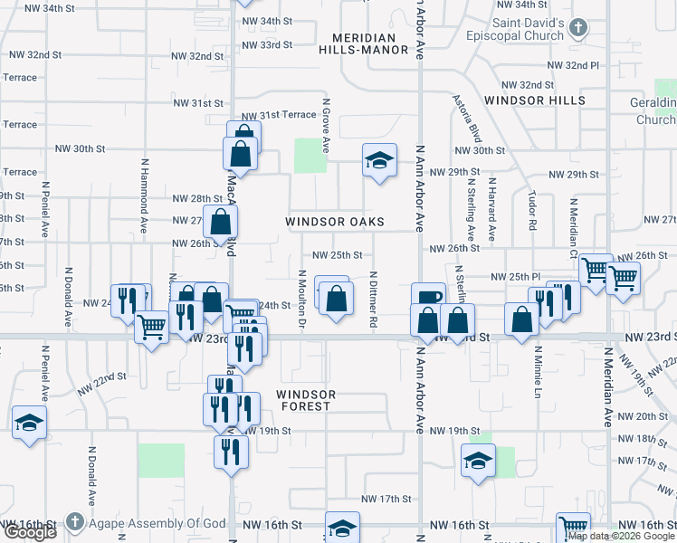map of restaurants, bars, coffee shops, grocery stores, and more near 5029 Northwest 24th Place in Oklahoma City