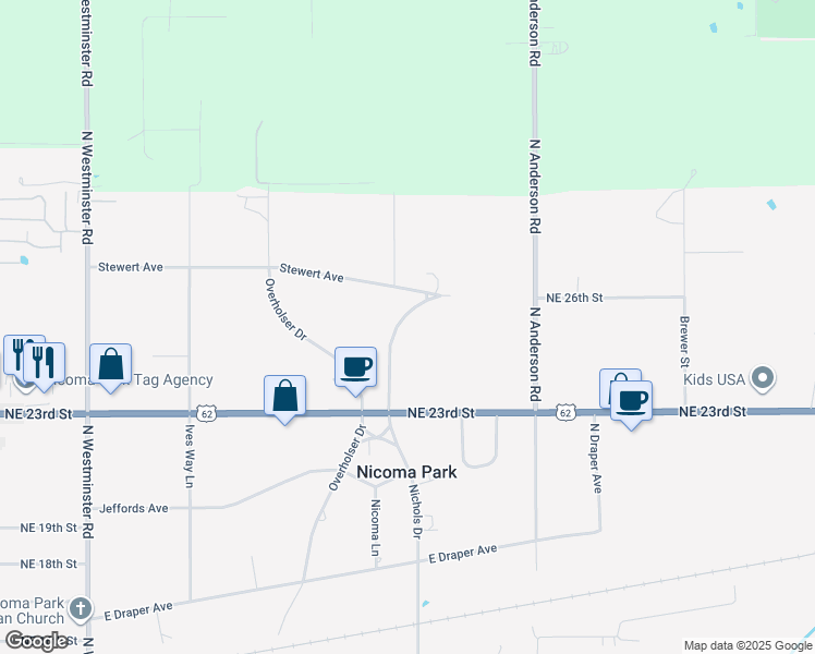 map of restaurants, bars, coffee shops, grocery stores, and more near 2598 Nichols Drive in Choctaw