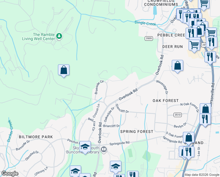 map of restaurants, bars, coffee shops, grocery stores, and more near 105 Braeside Circle in Asheville